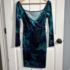 Venus size small velour dress, blue/green, faux wrap. bodycon